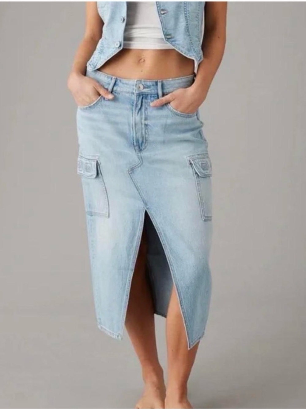 American Eagle Outfitters Denim Cargo High Rise Midi Skirt with Front Slit